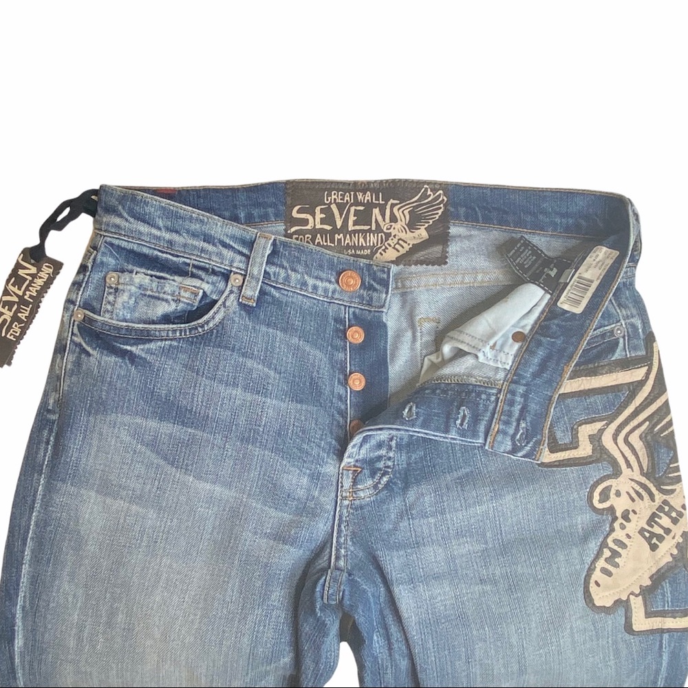 HTF: 7 For All Mankind® x Great China Wall ☻︎ 7 Leather Patch Standard Jeans ☻ - Picture 3 of 16